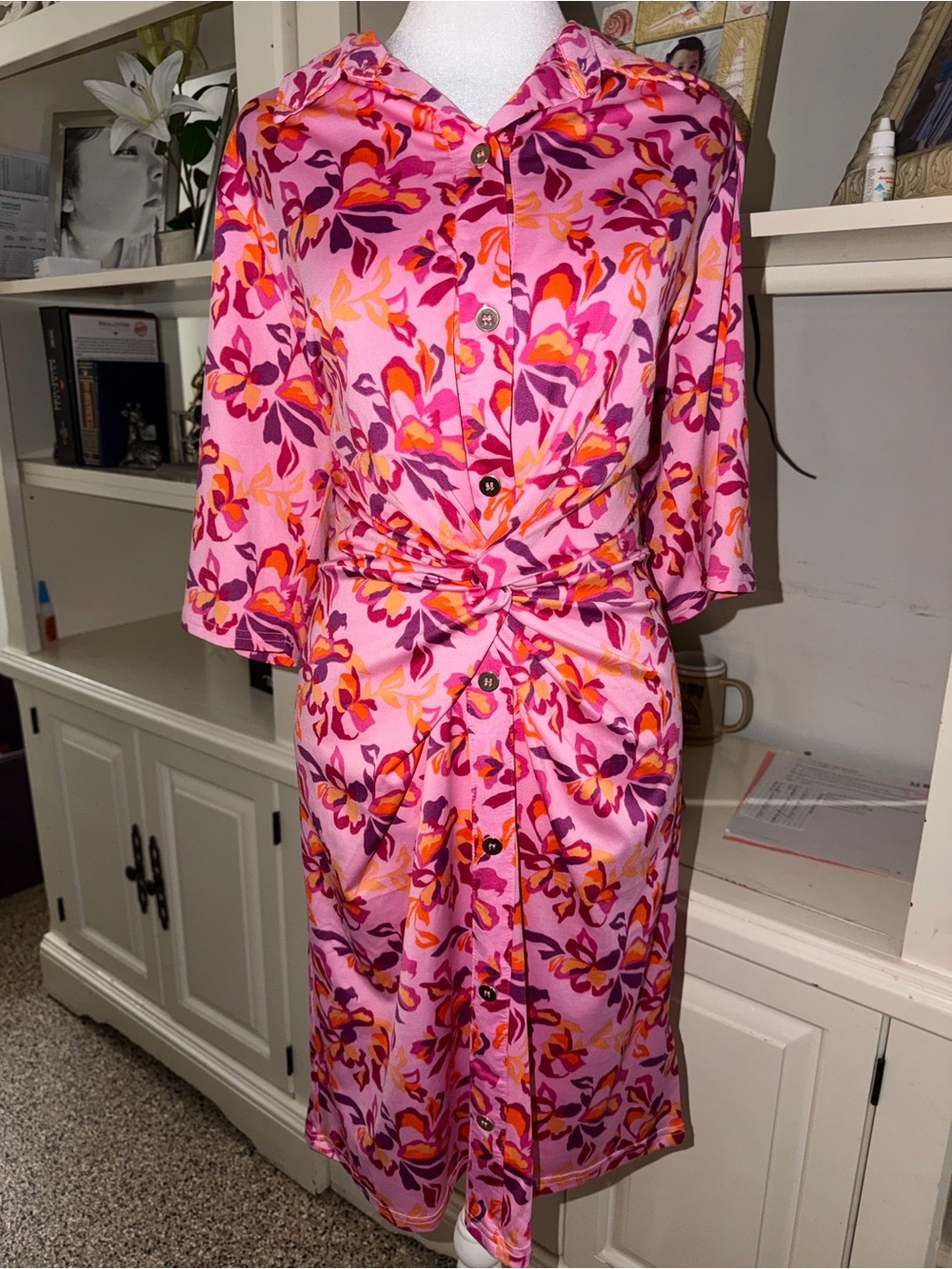 Pink Floral Twist-Front Midi Dress